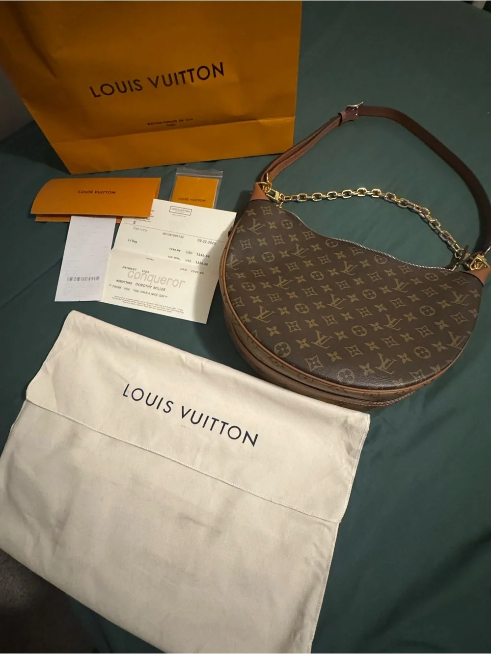 Louis Vuitton style Brown Monogram Crescent Shoulder Bag with Gold Chain